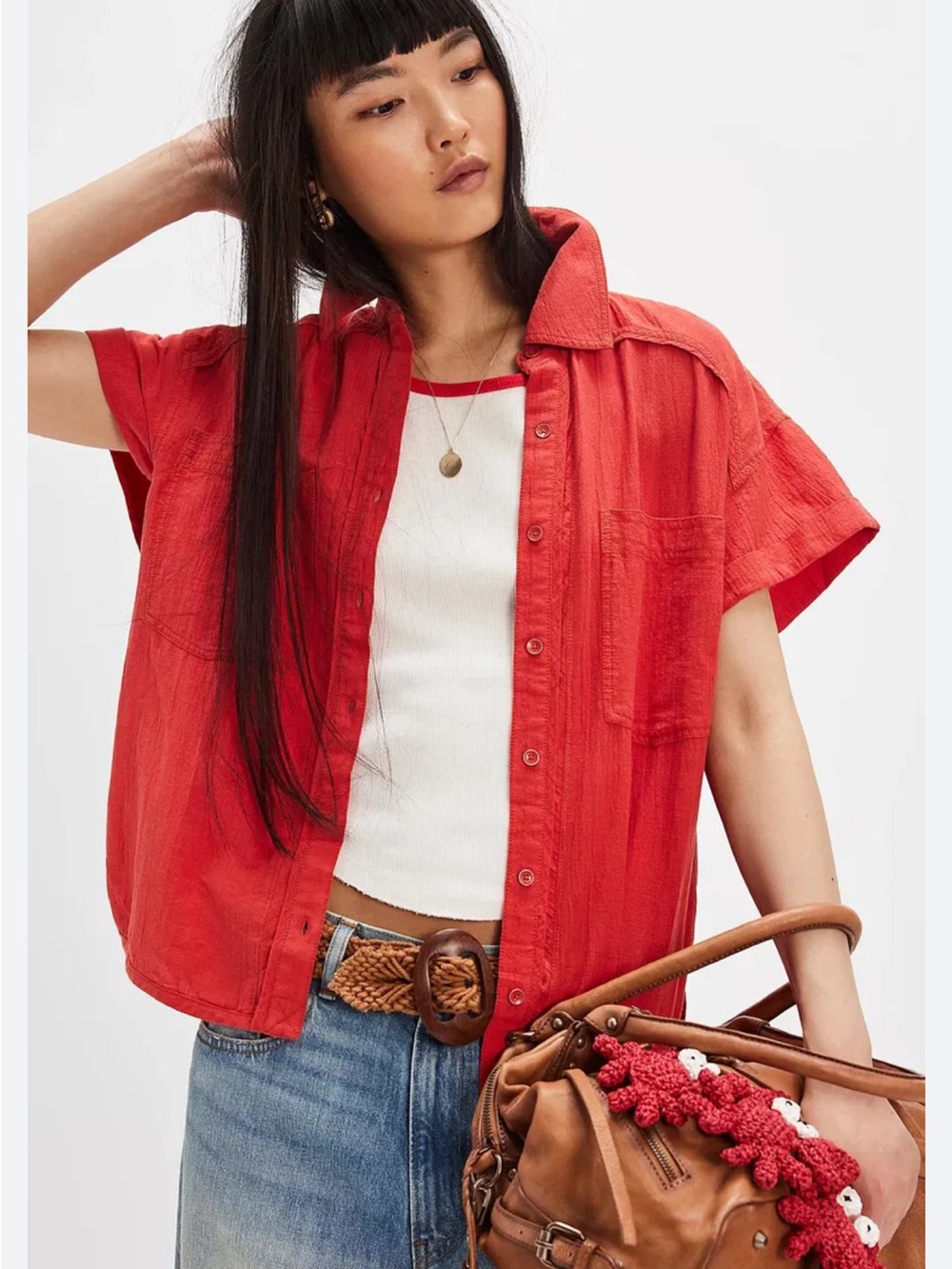 Free People We The Free Firefly Linen Coral-Red Short Sleeve Button-Down Shirt